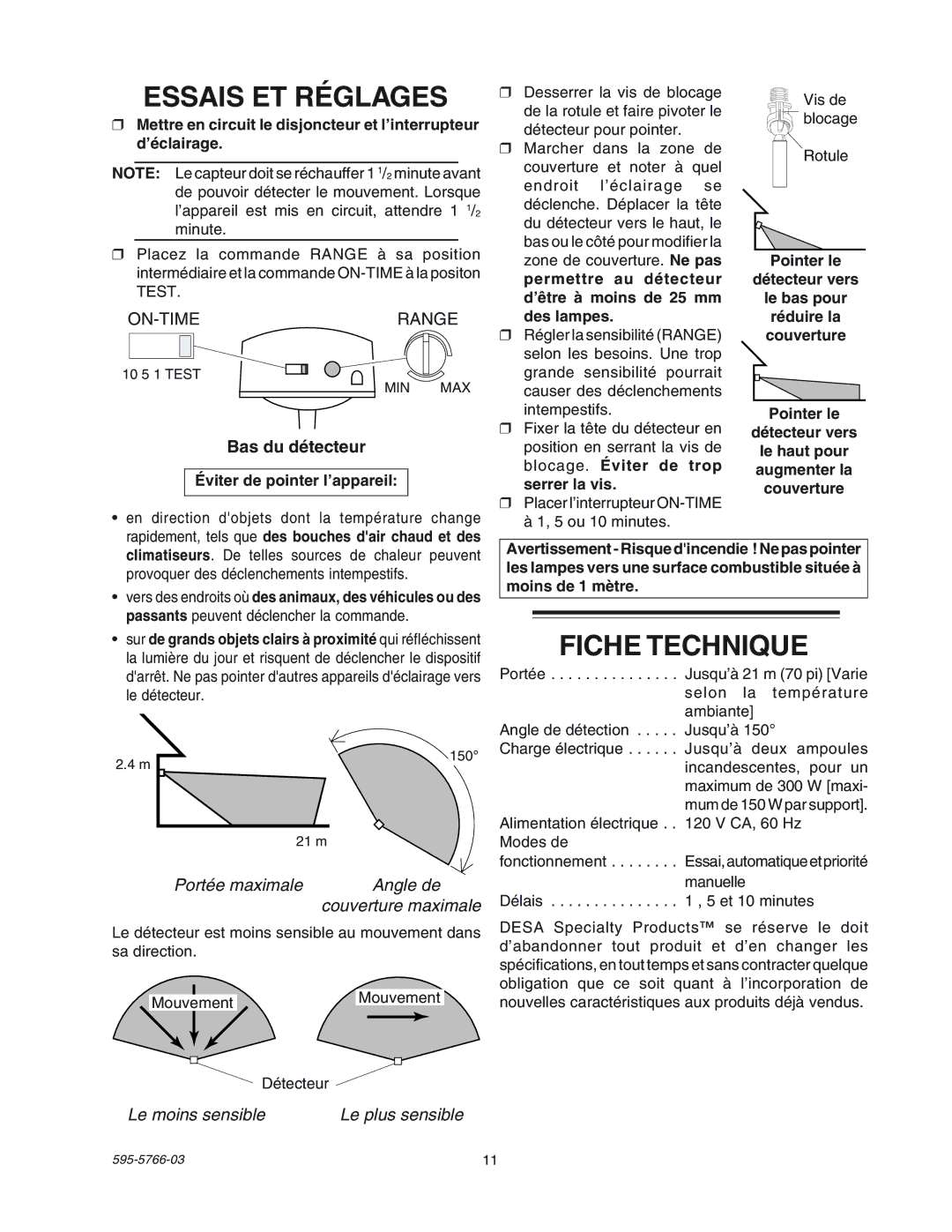 Heath Zenith SL-5411 manual Fiche Technique, Bas du dŽtecteur, Portée maximale Angle de, Le moins sensible Le plus sensible 