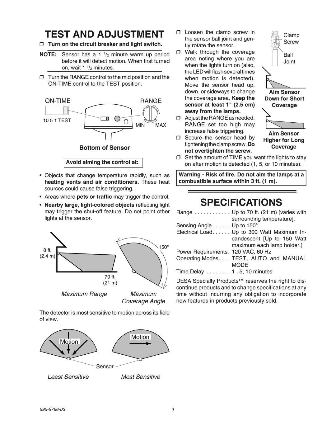 Heath Zenith SL-5411 manual Test and Adjustment, Specifications, Bottom of Sensor 