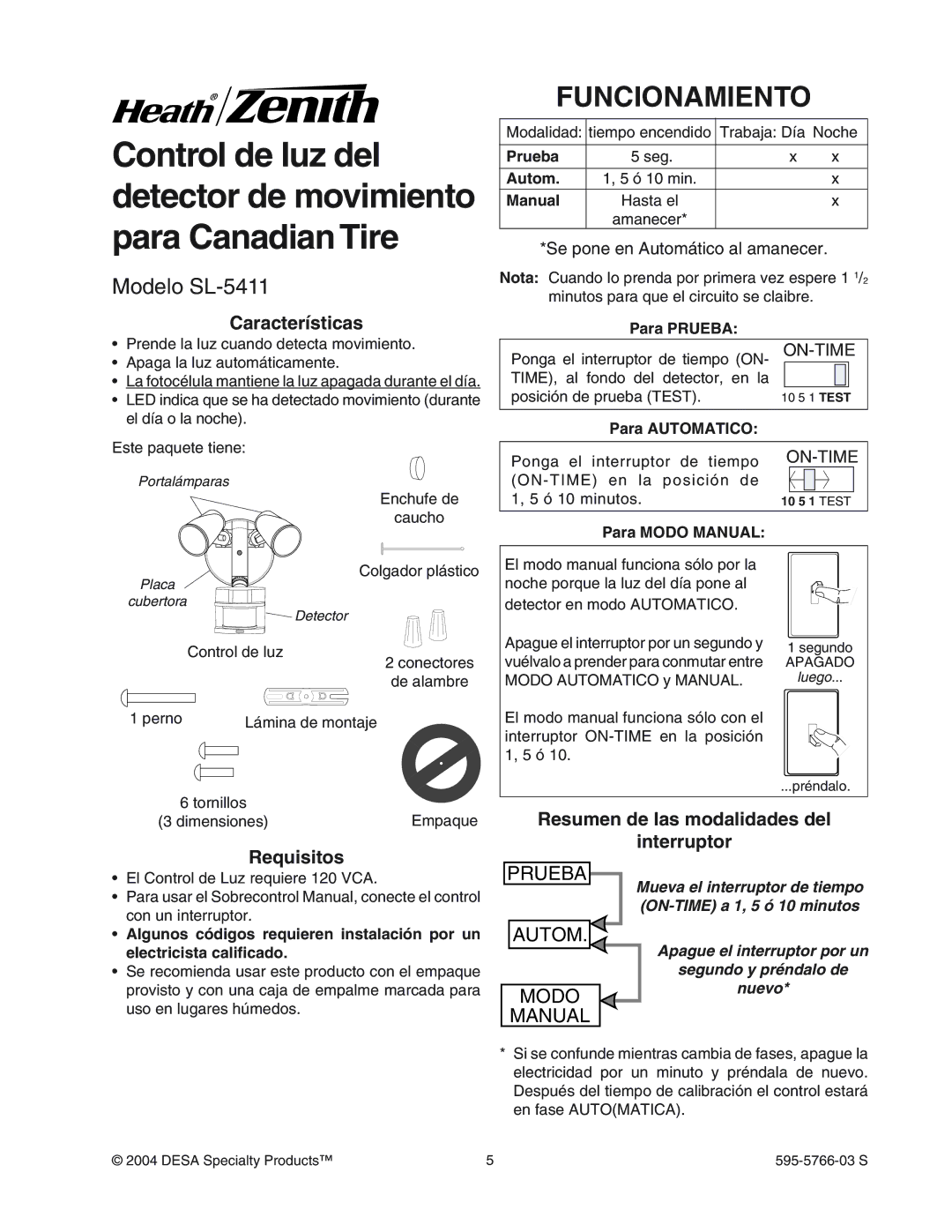 Heath Zenith Funcionamiento, Modelo SL-5411, Caracter’sticas, Resumen de las modalidades del Requisitos, Interruptor 