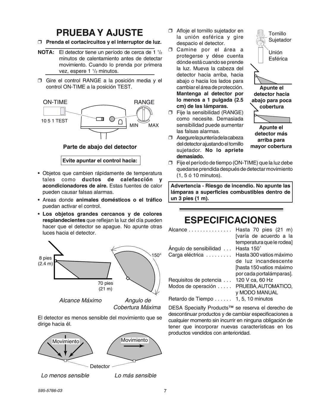 Heath Zenith SL-5411 manual Prueba Y Ajuste, Especificaciones, Parte de abajo del detector, Alcance Máximo Angulo de 