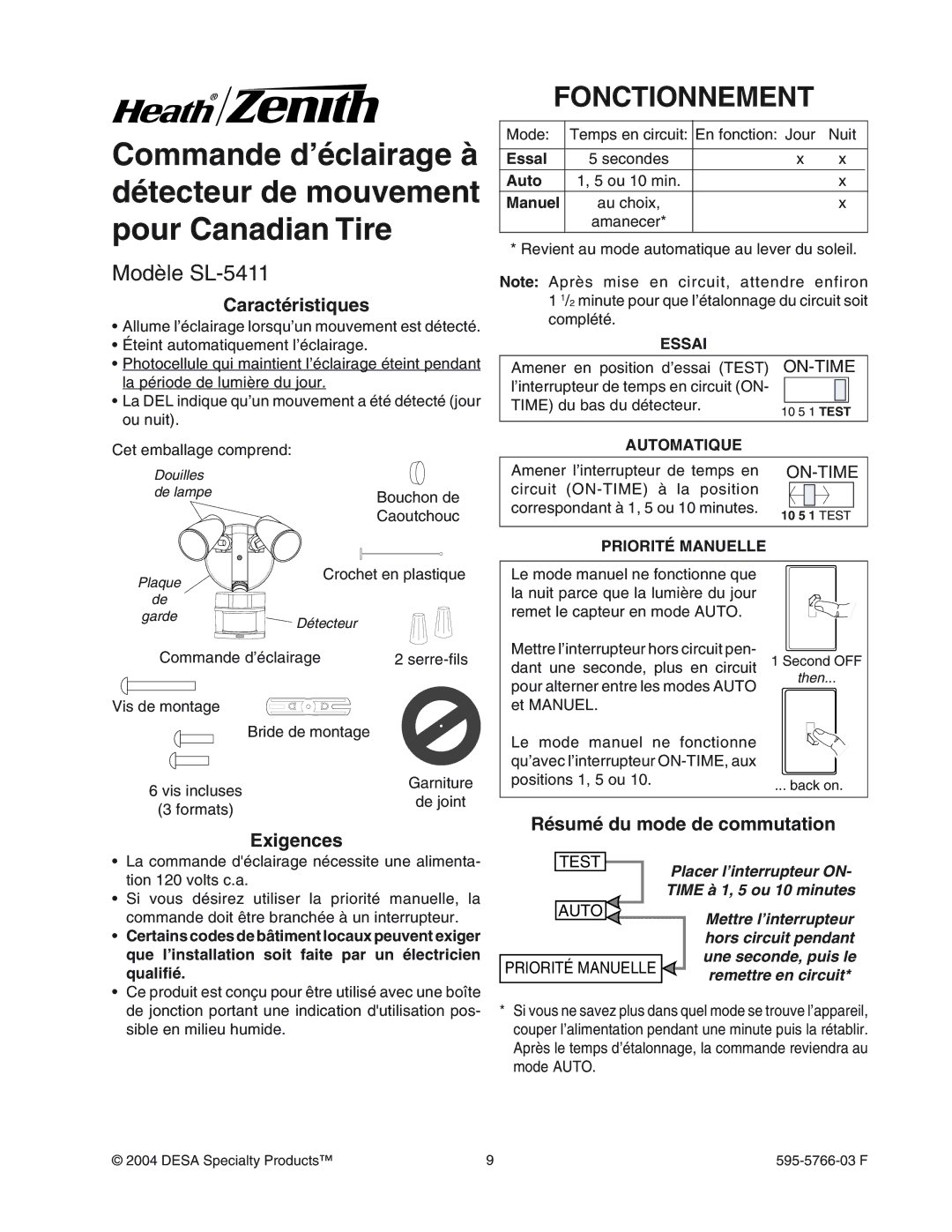 Heath Zenith manual Fonctionnement, Modèle SL-5411, CaractŽristiques, Exigences, RŽsumŽ du mode de commutation 