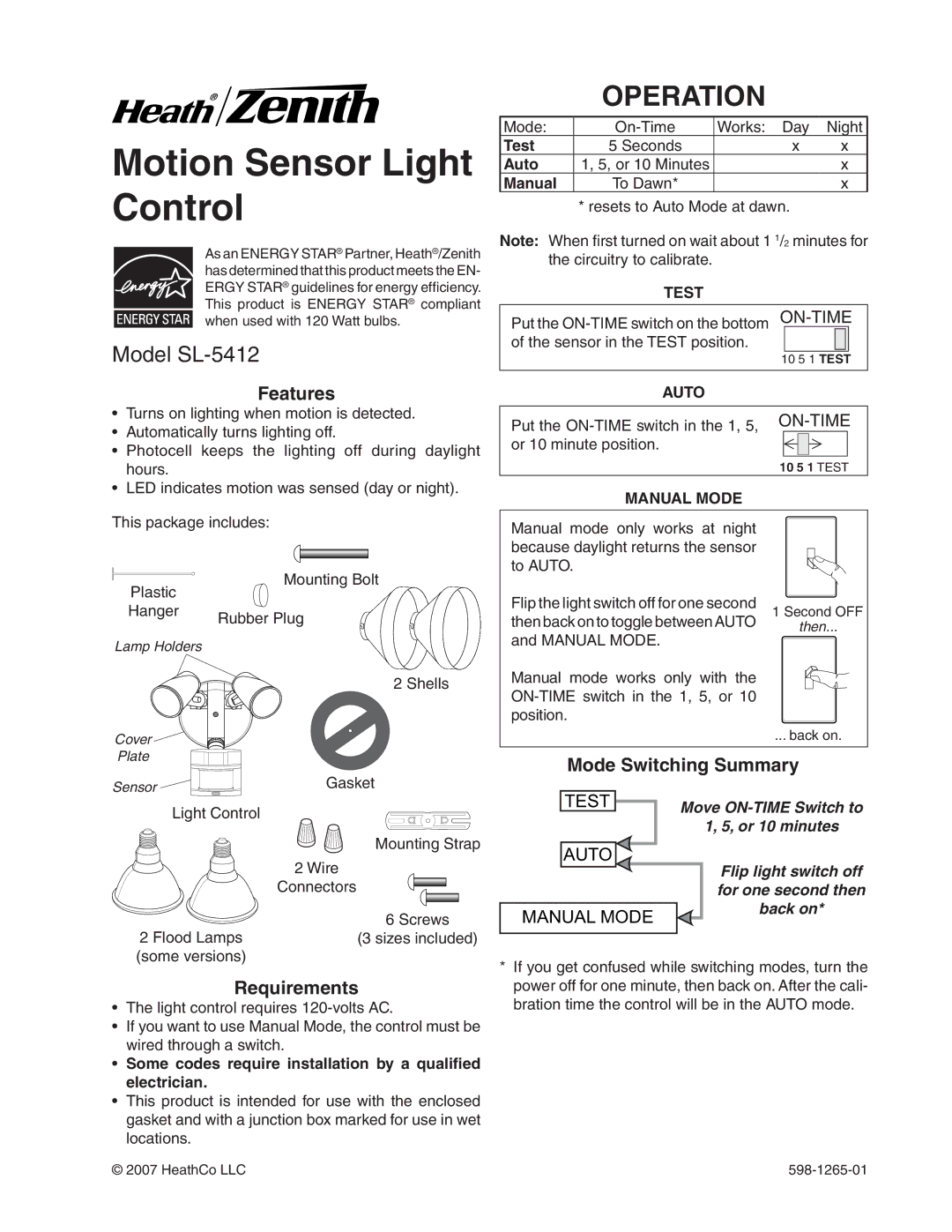 Heath Zenith manual Operation, Model SL-5412, Features, Requirements 