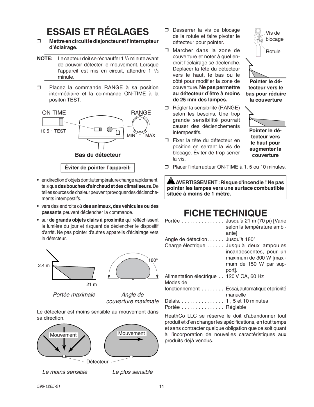 Heath Zenith SL-5412 Essais ET Réglages, Fiche Technique, Bas du détecteur, Portée maximale Angle de Couverture maximale 