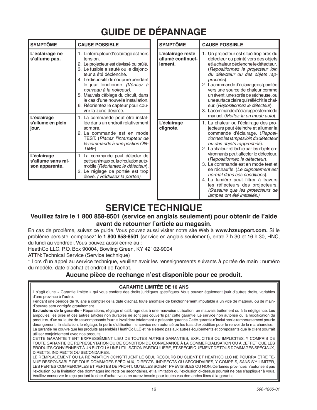 Heath Zenith SL-5412 Guide DE Dépannage, Service Technique, Aucune pièce de rechange n’est disponible pour ce produit 