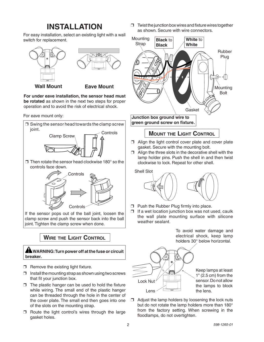 Heath Zenith SL-5412 manual Installation, Wall Mount Eave Mount, Black to White to, Wire the Light Control 