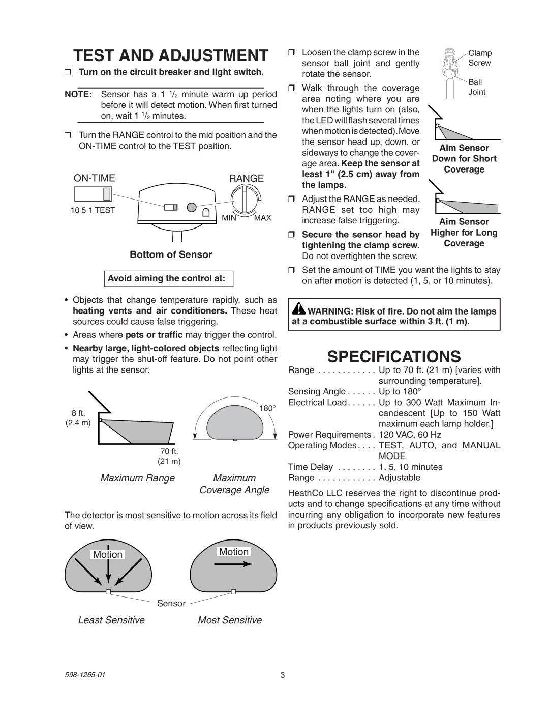 Heath Zenith SL-5412 manual Test and Adjustment, Specifications, Bottom of Sensor, Maximum Range, Least Sensitive 