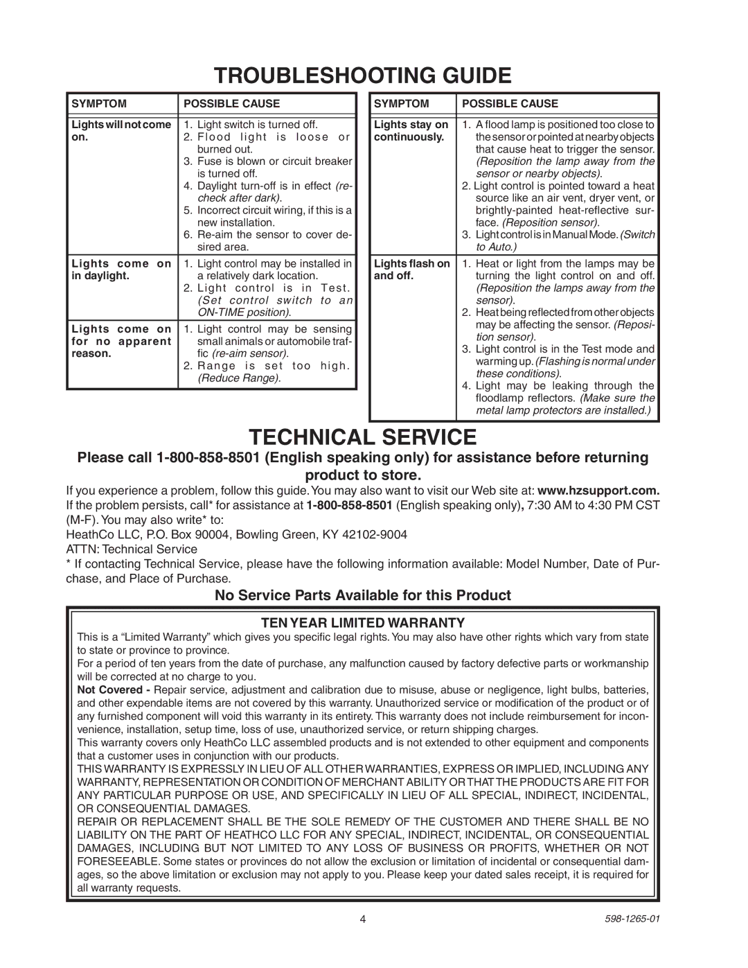 Heath Zenith SL-5412 manual Troubleshooting Guide, No Service Parts Available for this Product, Symptom Possible Cause 