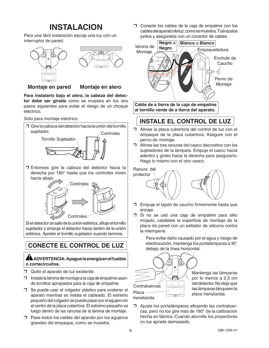 Heath Zenith SL-5412 manual Instalacion, Montaje en pared Montaje en alero, Negro a Blanco a Blanco 