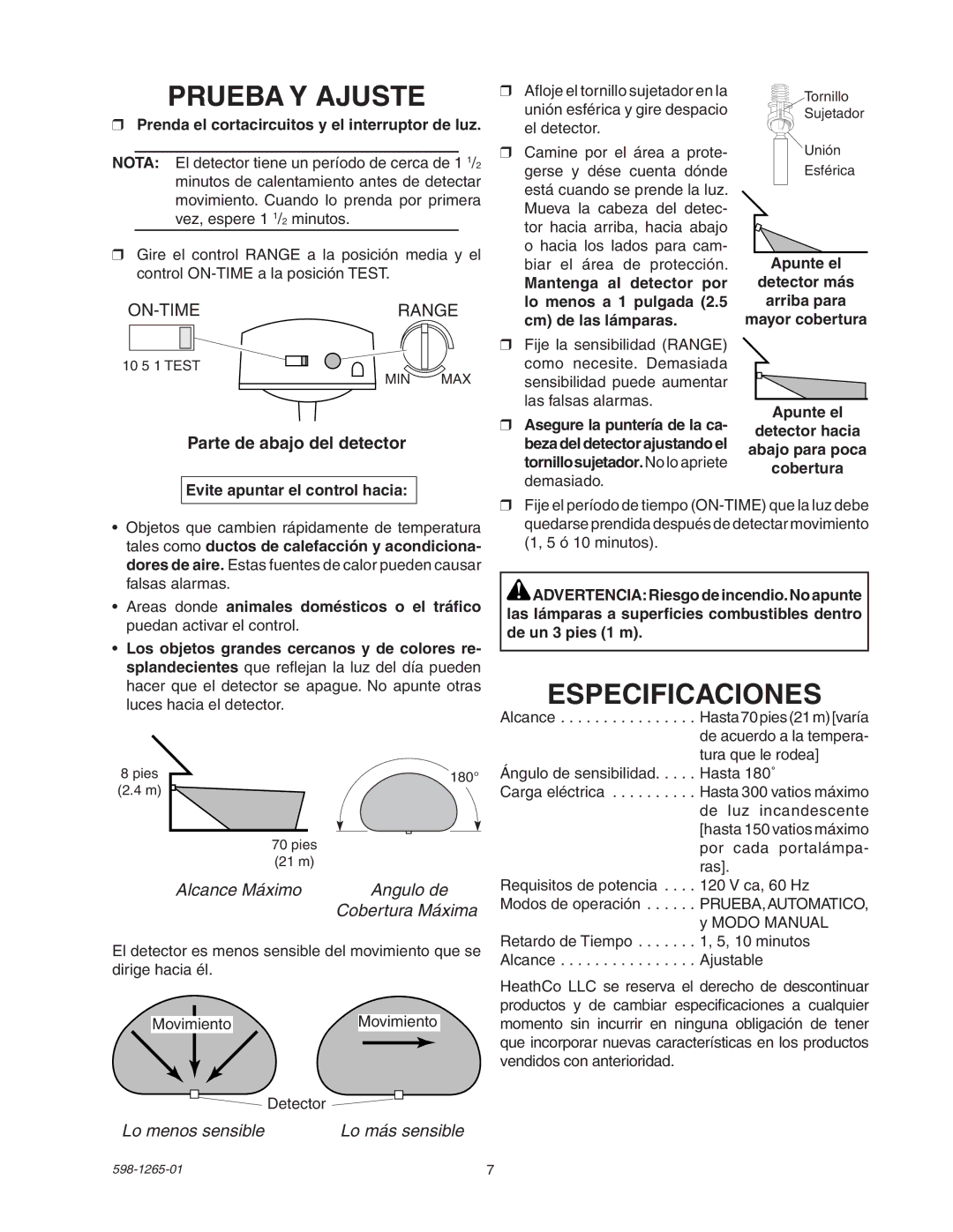 Heath Zenith SL-5412 manual Prueba Y Ajuste, Especificaciones, Parte de abajo del detector, Lo menos sensible 