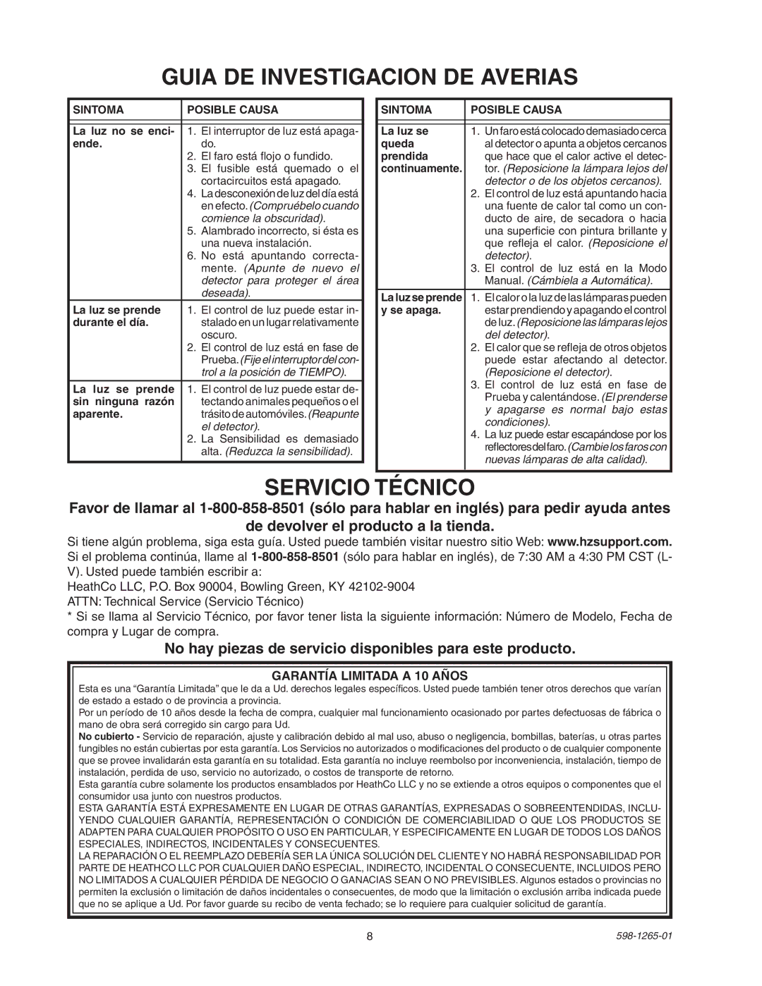 Heath Zenith SL-5412 manual Guia DE Investigacion DE Averias, Servicio Técnico, Garantía Limitada a 10 Años 