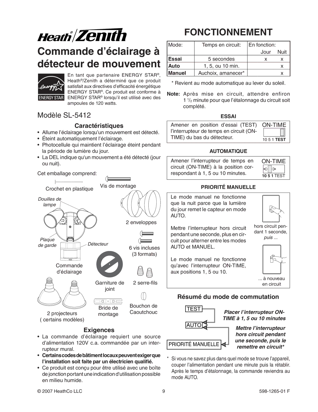 Heath Zenith manual Fonctionnement, Modèle SL-5412, Caractéristiques, Exigences, Résumé du mode de commutation 