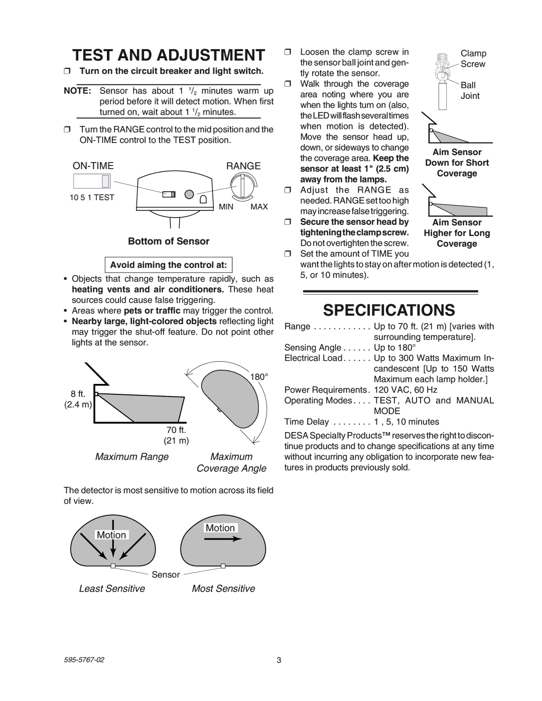 Heath Zenith SL-5412 manual Test and Adjustment, Specifications, Turn on the circuit breaker and light switch 