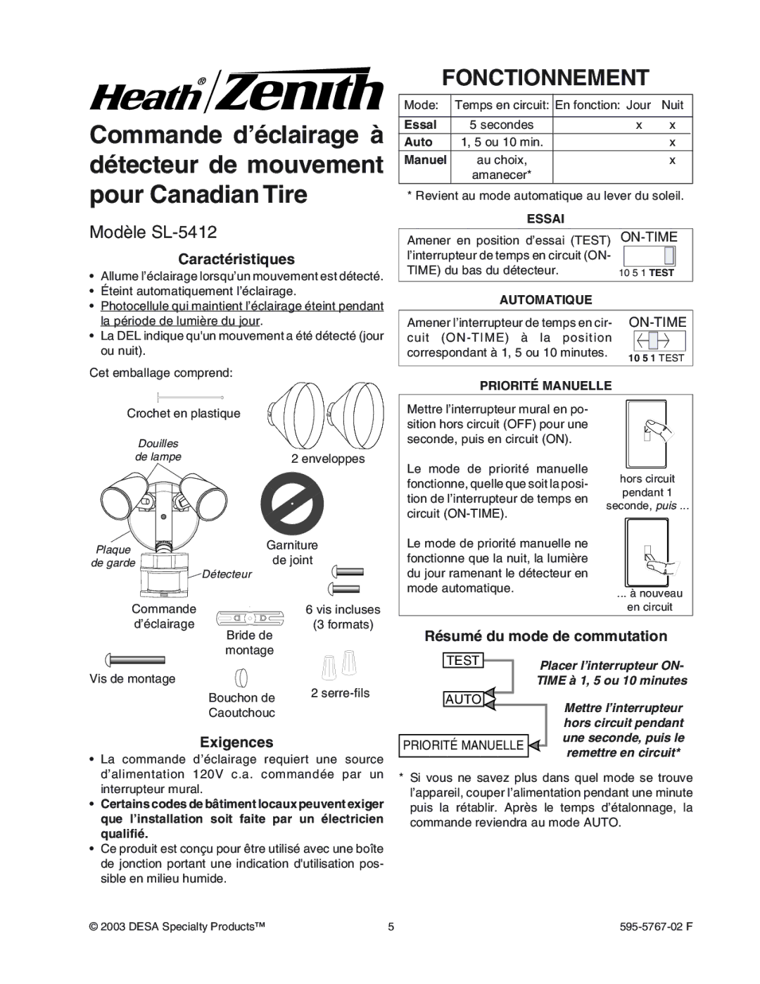 Heath Zenith manual Fonctionnement, Modèle SL-5412, Caractéristiques, Exigences, Résumé du mode de commutation 