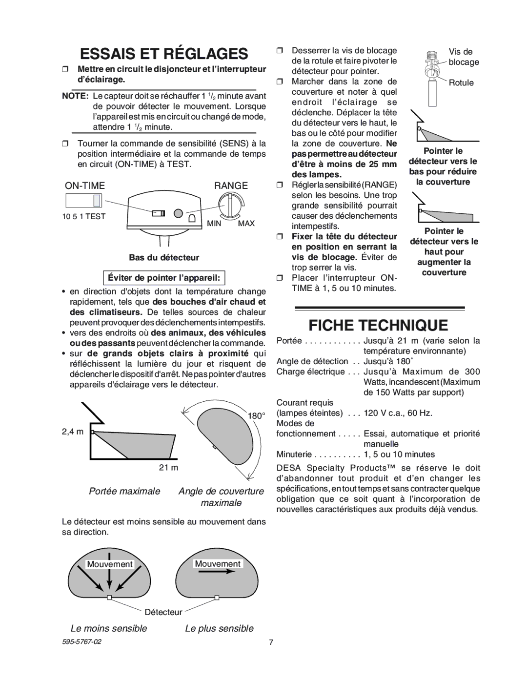 Heath Zenith SL-5412 manual Essais ET Réglages, Fiche Technique 