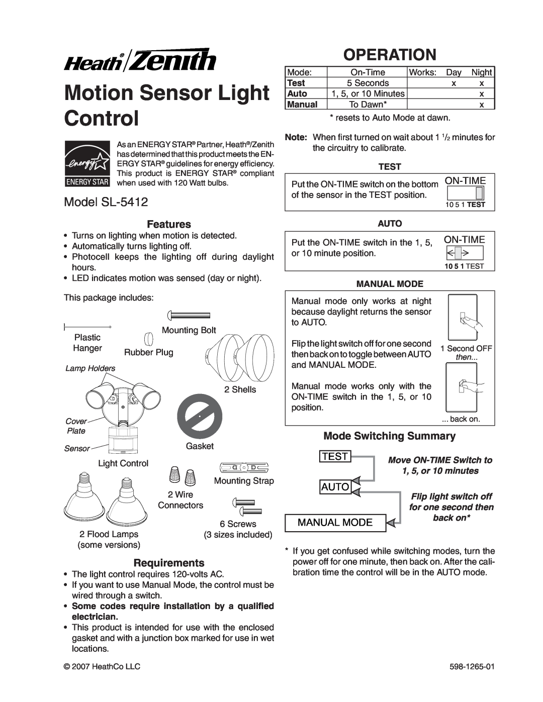 Heath Zenith manual Operation, Model SL-5412, Motion Sensor Light Control, Mode Switching Summary, Test, Auto, Manual 