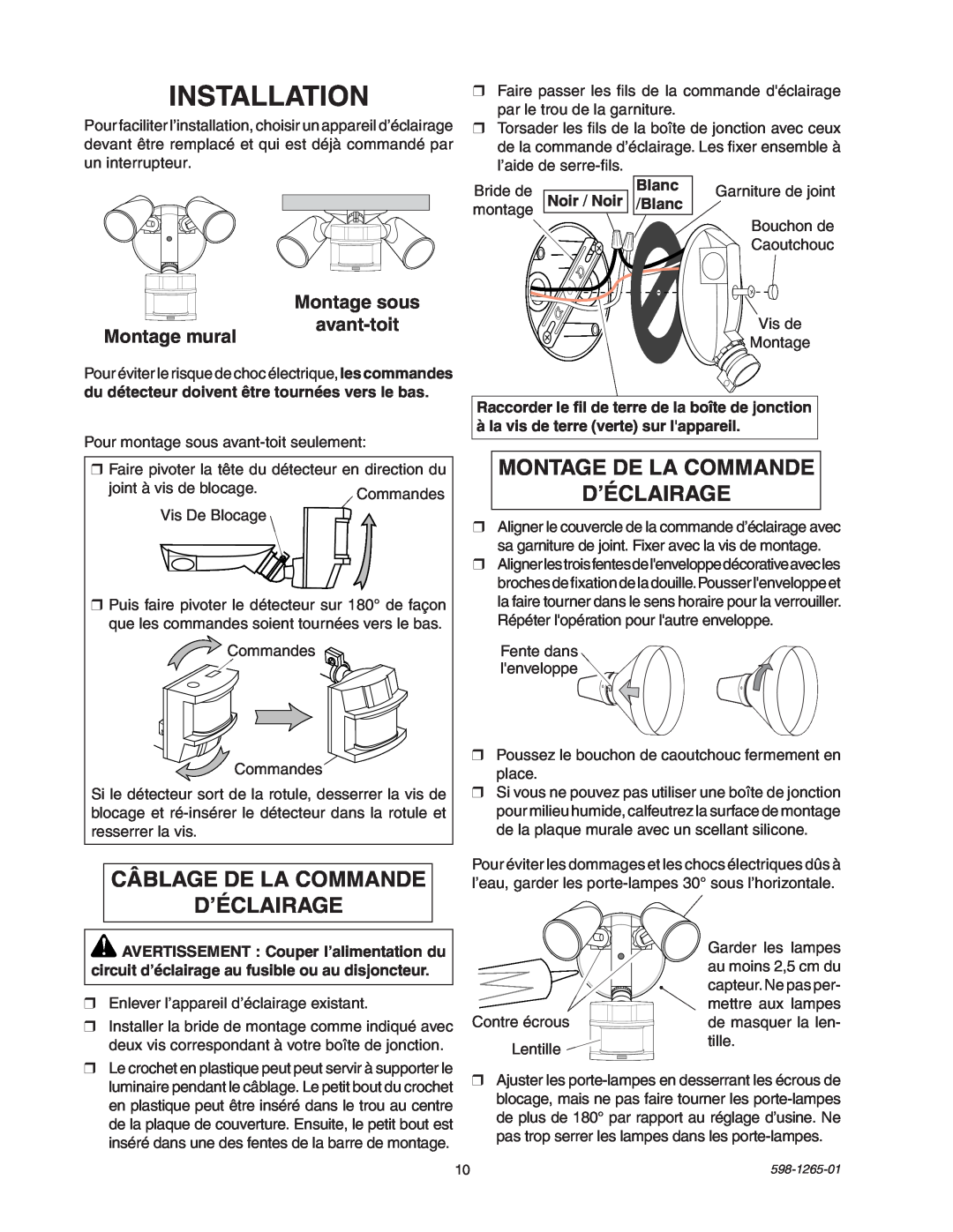 Heath Zenith SL-5412 manual Câblage De La Commande D’Éclairage, Montage De La Commande D’Éclairage, Installation 
