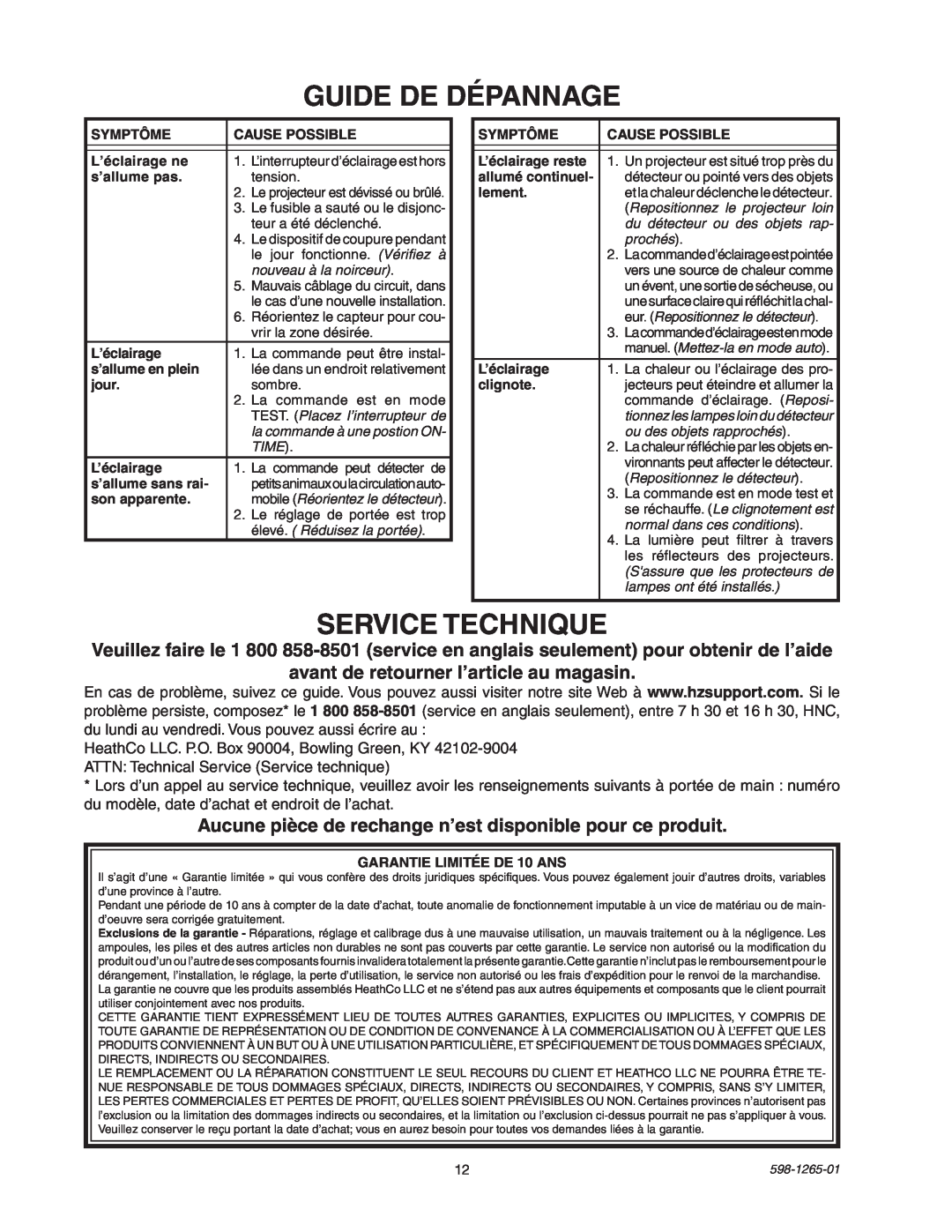 Heath Zenith SL-5412 manual Guide De Dépannage, Service Technique 