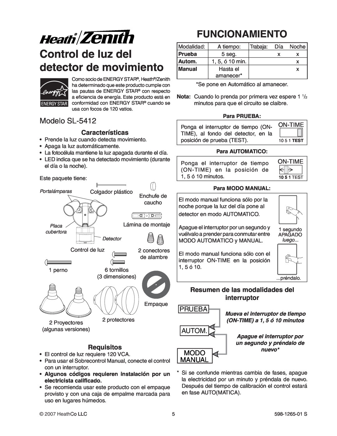 Heath Zenith Control de luz del detector de movimiento, Funcionamiento, Modelo SL-5412, Prueba, Autom, Modo, Manual 