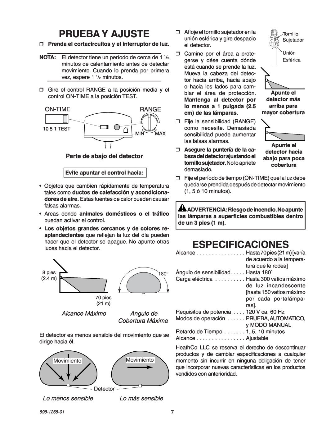 Heath Zenith SL-5412 manual Prueba Y Ajuste, Especificaciones, On-Timerange, Parte de abajo del detector, Alcance Máximo 