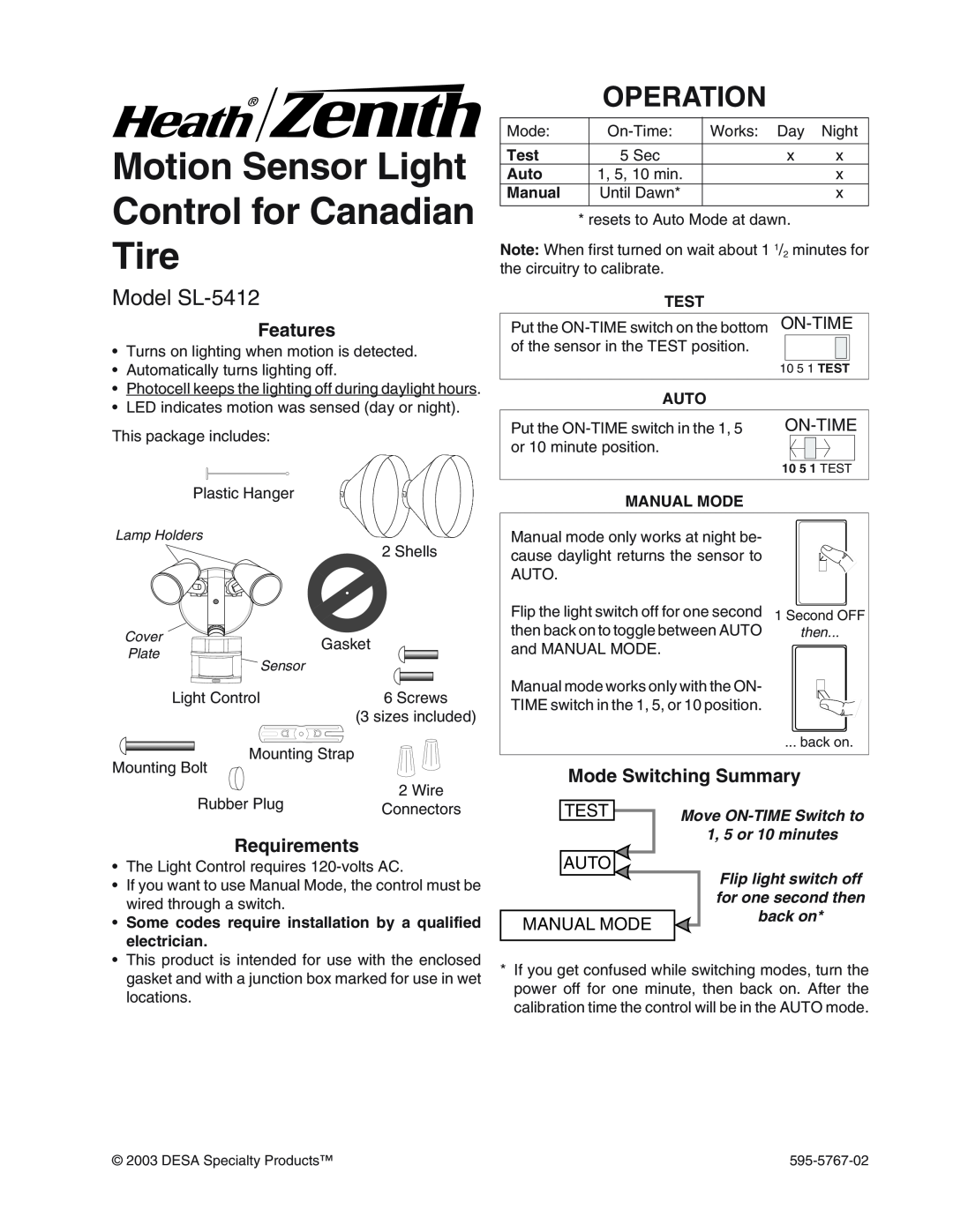 Heath Zenith manual Operation, Model SL-5412, Motion Sensor Light Control, Mode Switching Summary, Test, Auto, Manual 