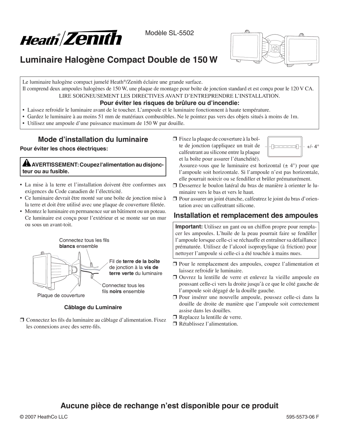 Heath Zenith SL-5502 Luminaire Halogène Compact Double de 150 W, Mode d’installation du luminaire, Câblage du Luminaire 