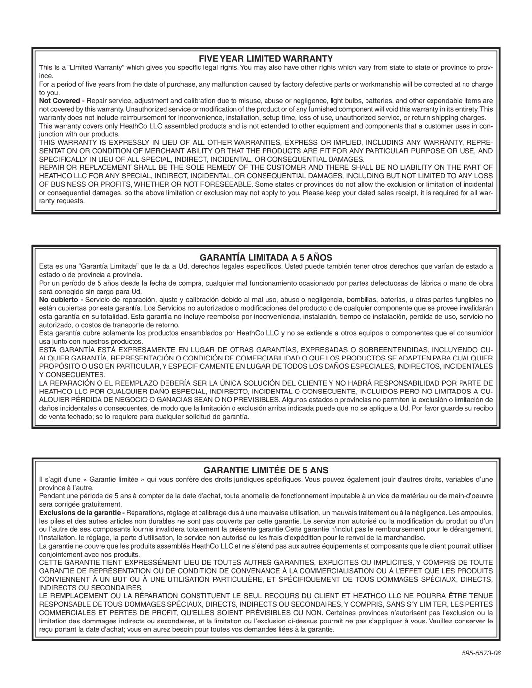 Heath Zenith SL-5502 installation instructions Five Year Limited Warranty 