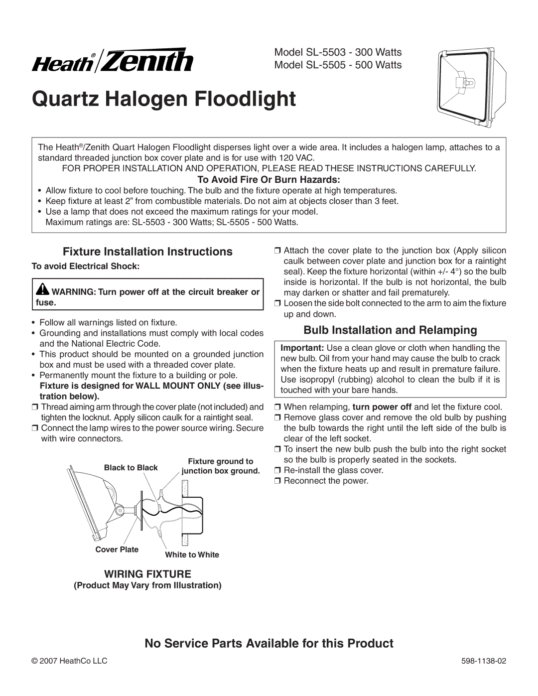 Heath Zenith SL-5503, SL-5505 installation instructions Quartz Halogen Floodlight, To Avoid Fire Or Burn Hazards 