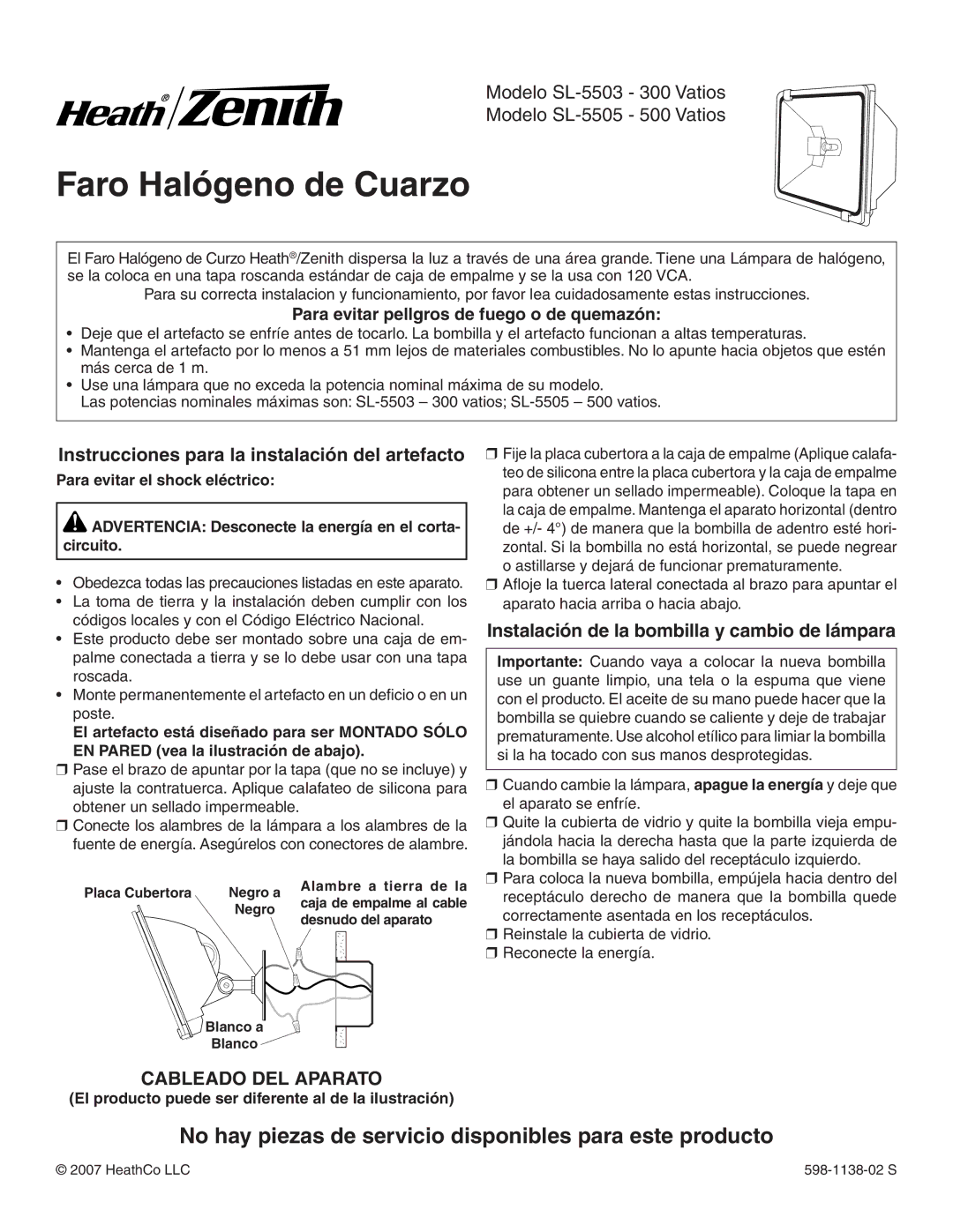 Heath Zenith SL-5505, SL-5503 Faro Halógeno de Cuarzo, Instrucciones para la instalación del artefacto 