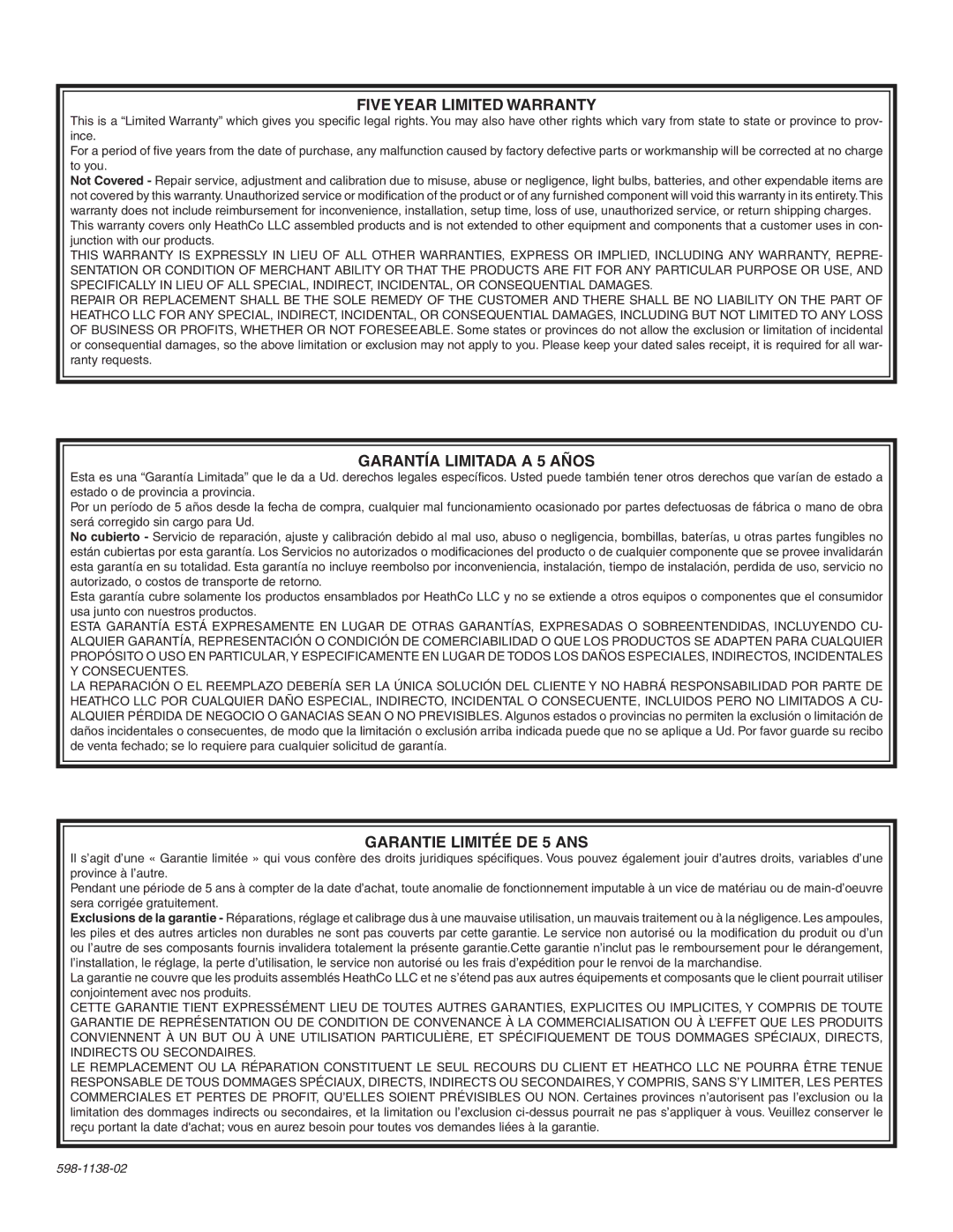 Heath Zenith SL-5505, SL-5503 installation instructions Five Year Limited Warranty 