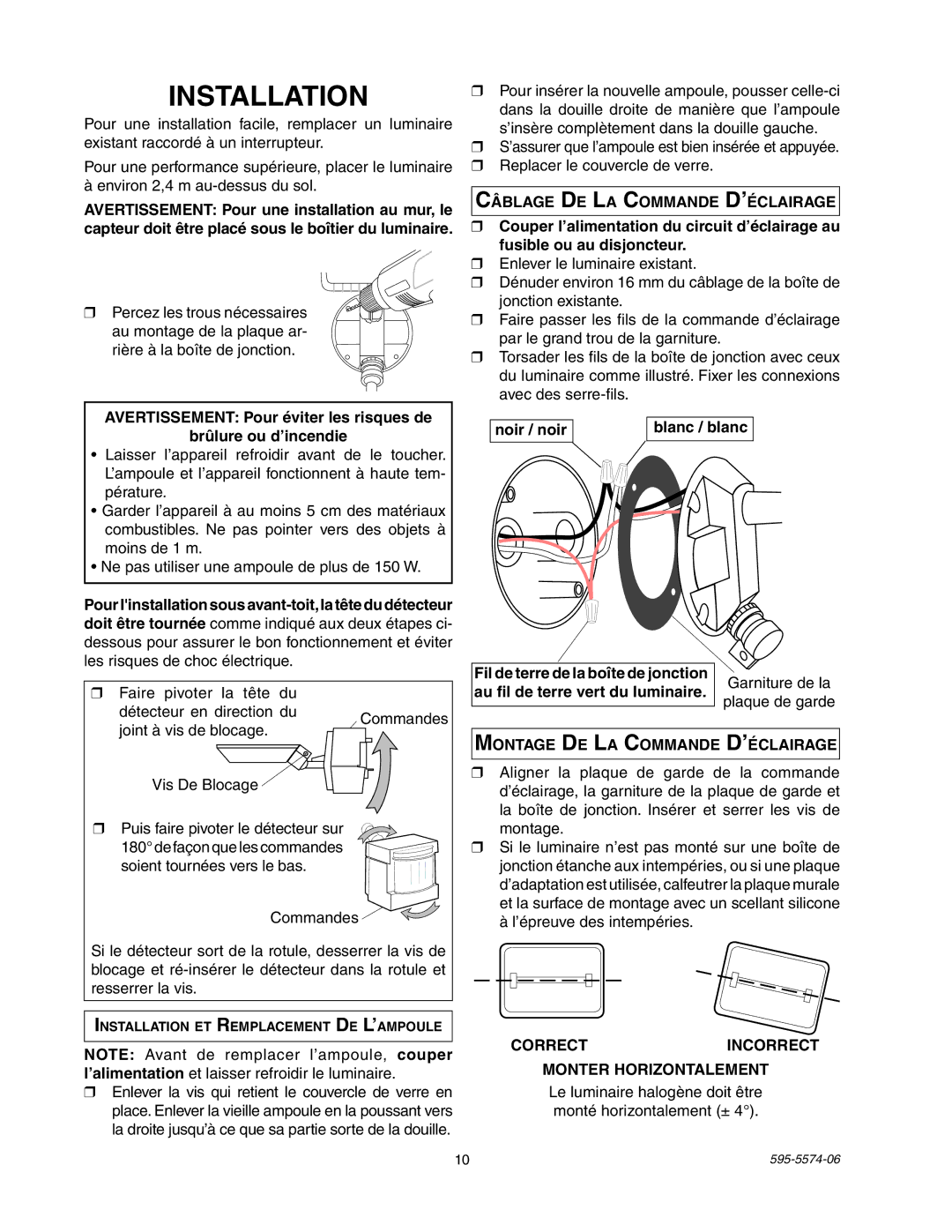 Heath Zenith SL-5511 Blanc / blanc, Noir / noir, Au fil de terre vert du luminaire, Montage De La Commande D’éclairage 