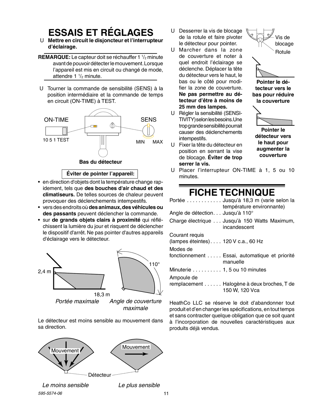 Heath Zenith SL-5511 manual Essais ET Réglages, Fiche Technique, Portée maximale Angle de couverture, Le moins sensible 