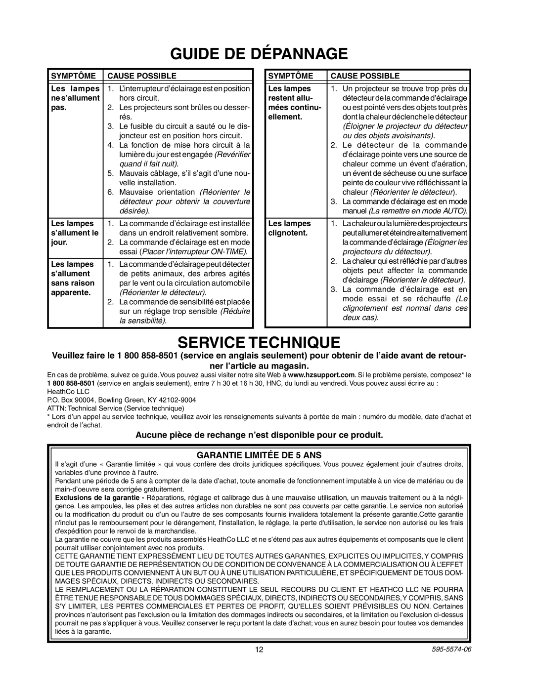 Heath Zenith SL-5511 Guide DE Dépannage, Service Technique, Aucune pièce de rechange n’est disponible pour ce produit 