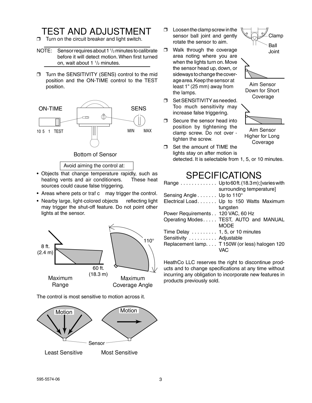 Heath Zenith SL-5511 manual Test and Adjustment, Specifications, Range, Least Sensitive 