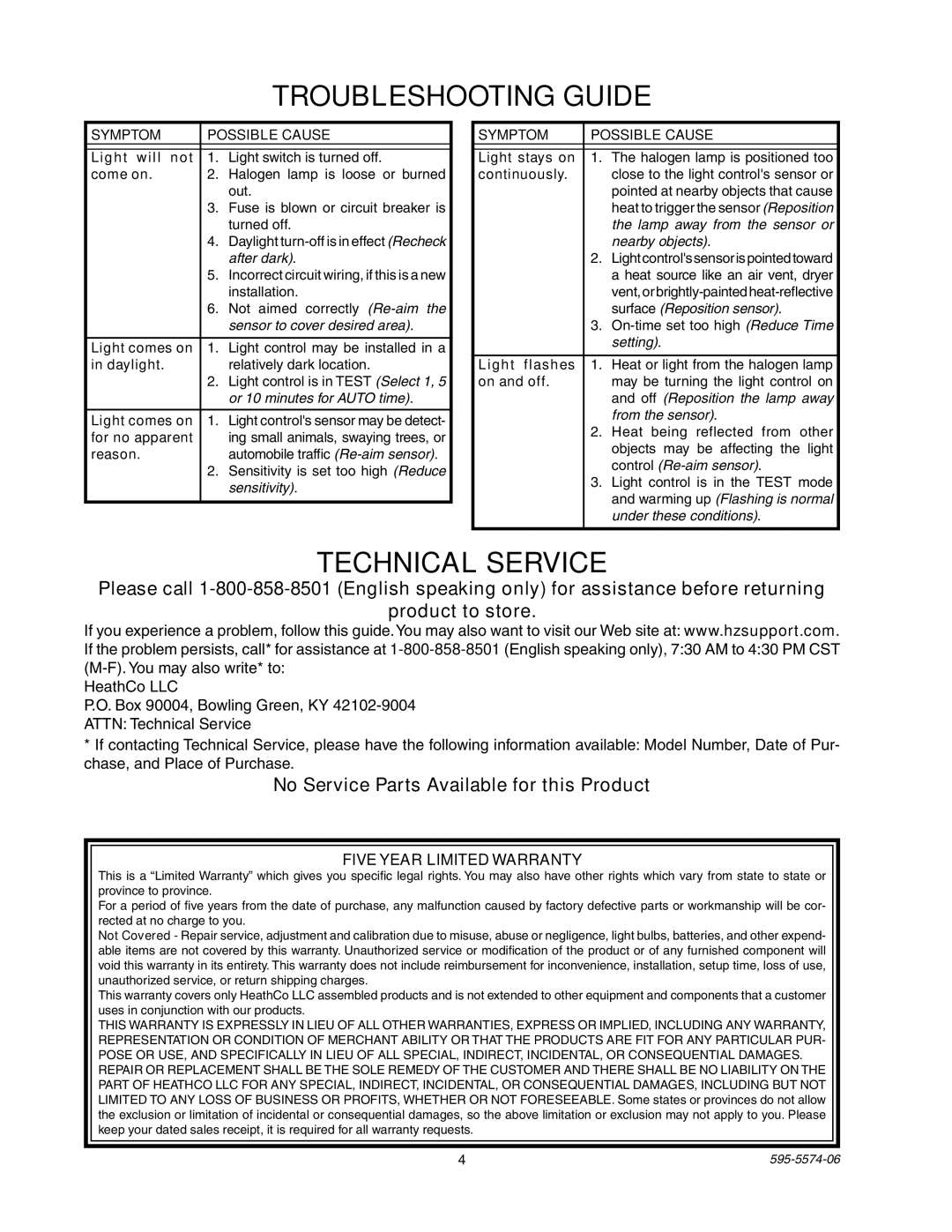 Heath Zenith SL-5511 manual Troubleshooting Guide, No Service Parts Available for this Product, Five Year Limited Warranty 