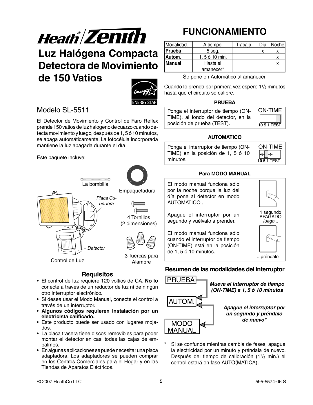 Heath Zenith manual Funcionamiento, Modelo SL-5511, Requisitos, Resumen de las modalidades del interruptor 