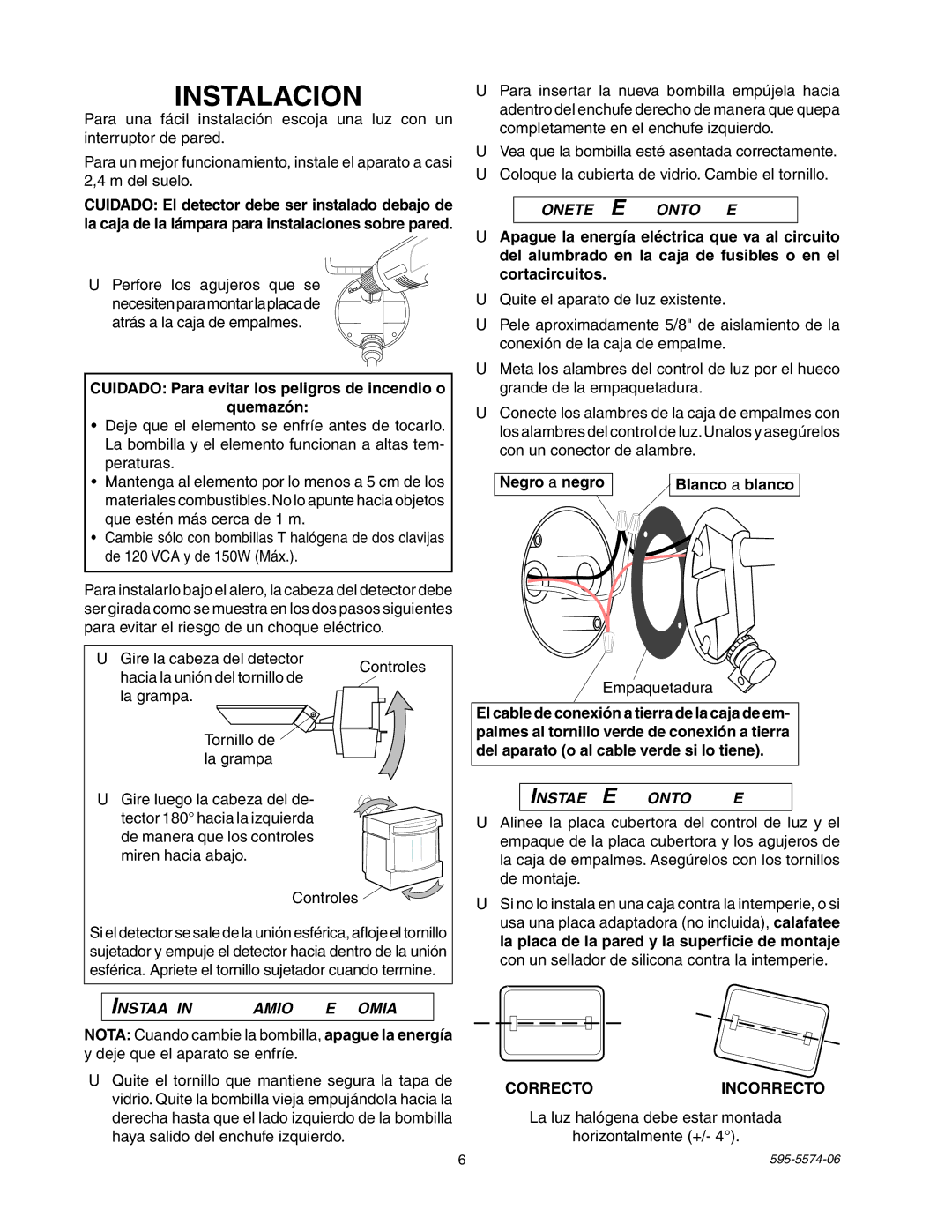 Heath Zenith SL-5511 manual Instalacion, Correctoincorrecto 