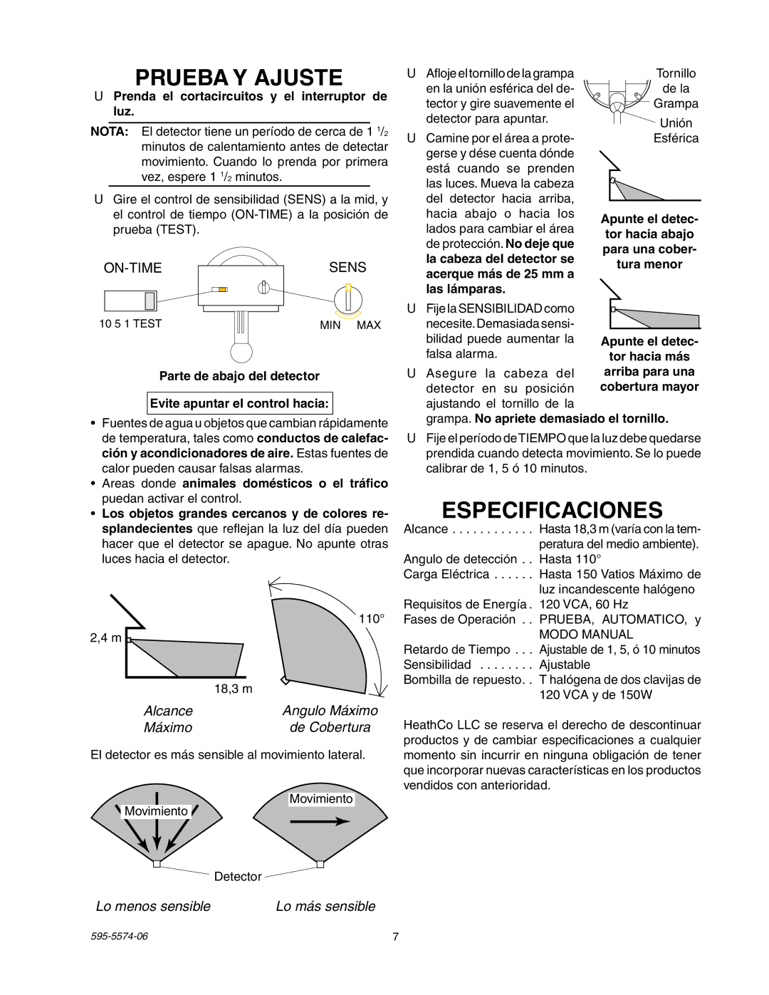 Heath Zenith SL-5511 manual Prueba Y Ajuste, Especificaciones, Alcance, Máximo De Cobertura, Lo menos sensible 