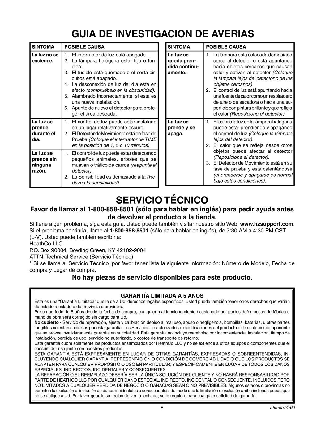 Heath Zenith SL-5511 Guia DE Investigacion DE Averias, Servicio Técnico, Garantía Limitada a 5 Años, Sintoma Posible Causa 