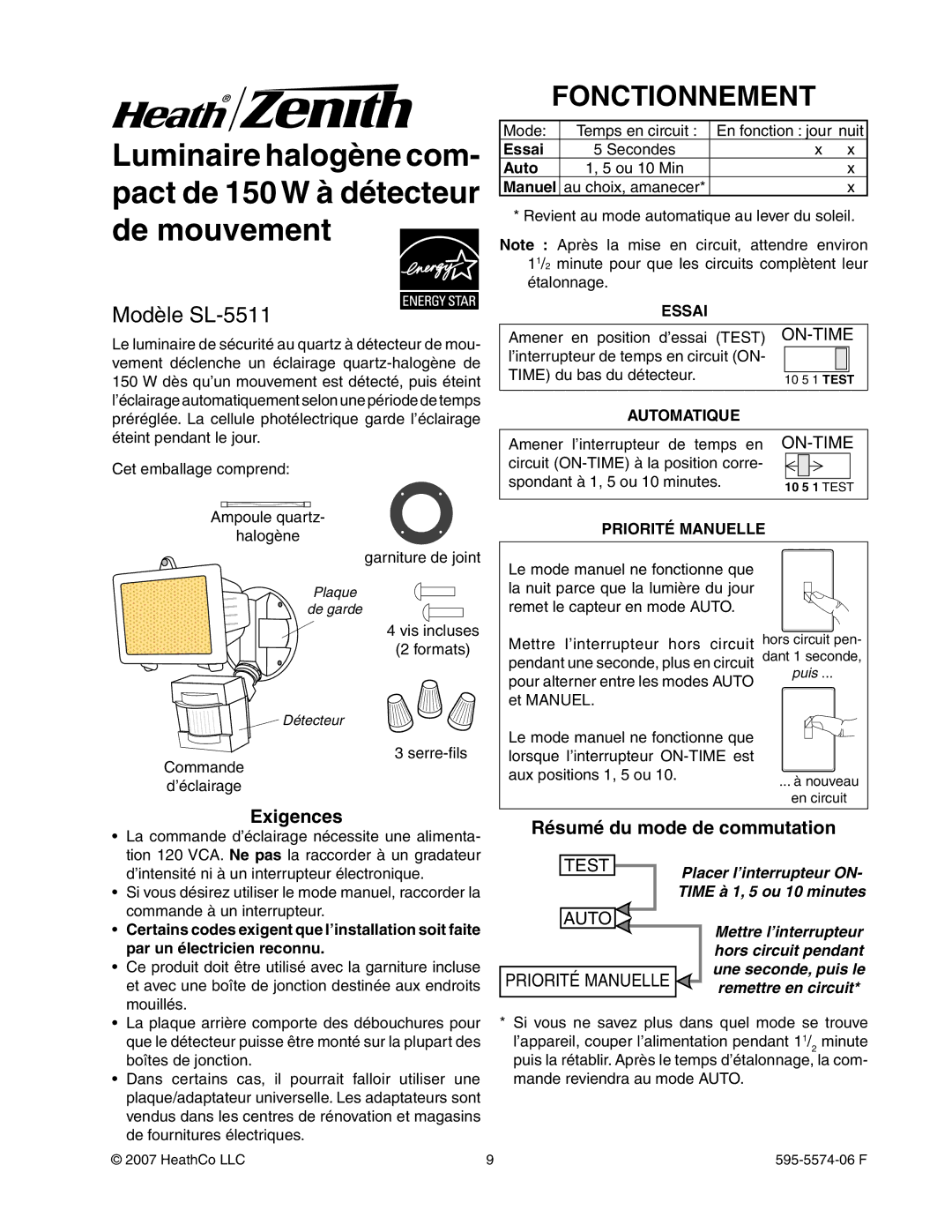 Heath Zenith manual Fonctionnement, Modèle SL-5511, Exigences, Résumé du mode de commutation 