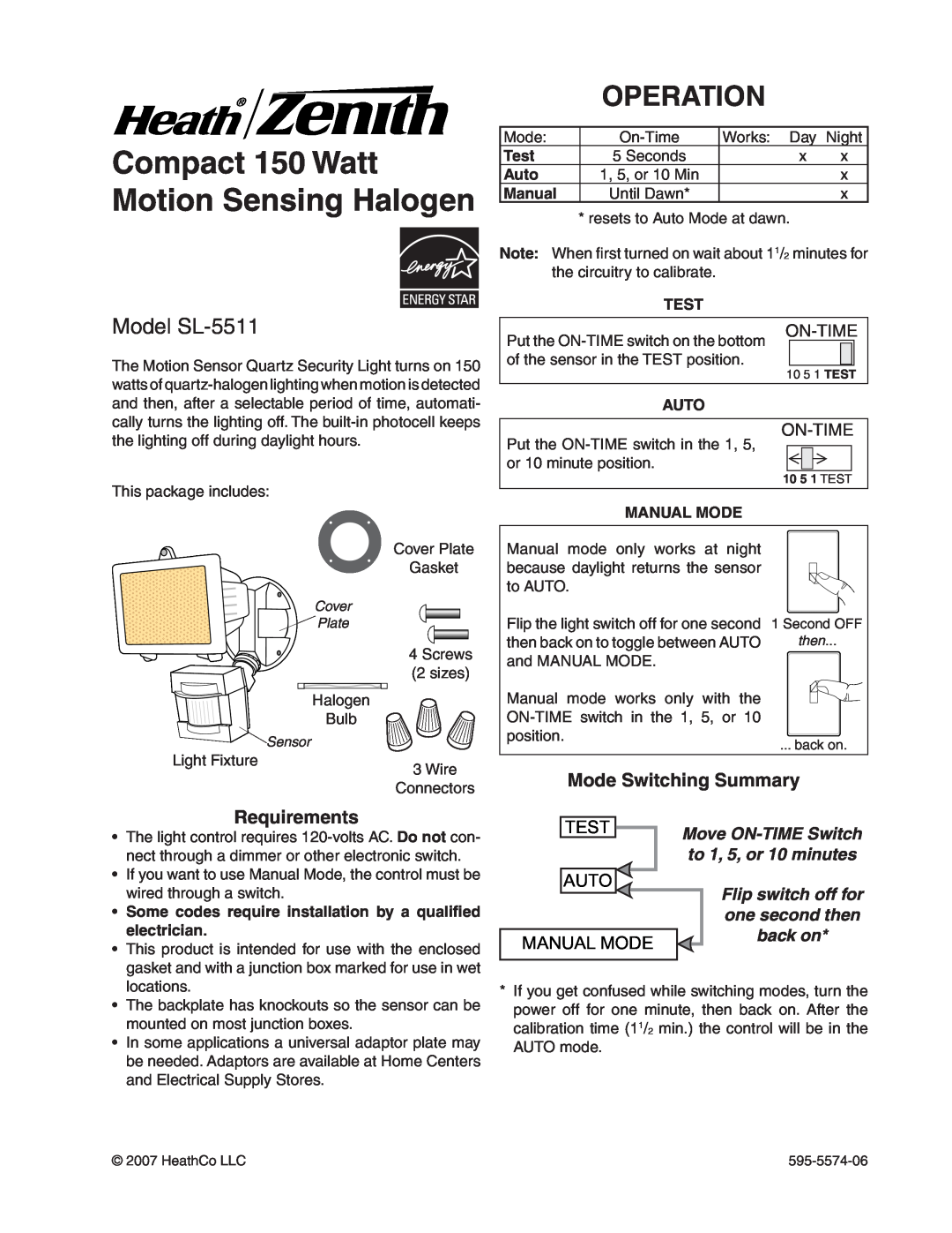 Heath Zenith manual Compact 150 Watt Motion Sensing Halogen, Operation, Model SL-5511, On-Time, Test, Auto, back on 