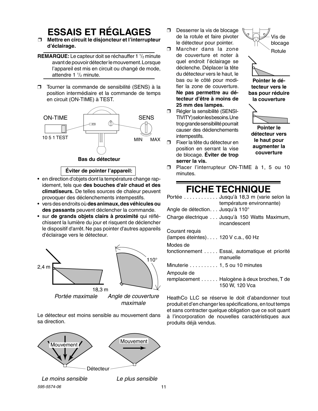Heath Zenith SL-5511 manual Essais Et Réglages, Fiche Technique, On-Time, Sens, Portée maximale, Angle de couverture 