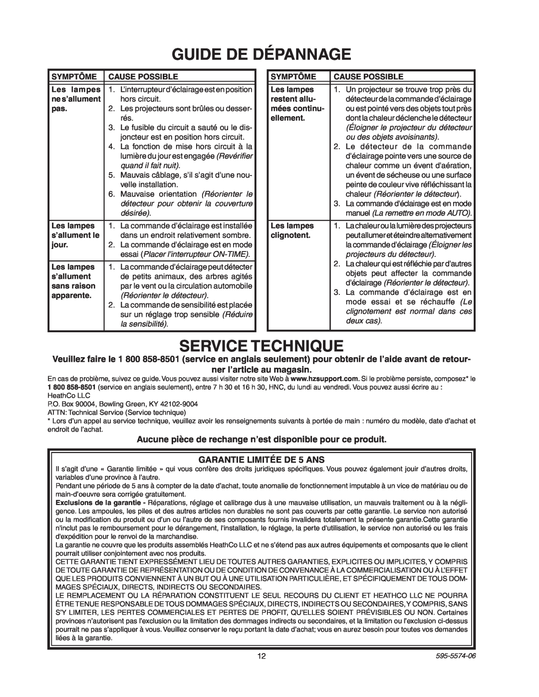 Heath Zenith SL-5511 manual Guide De Dépannage, Service Technique, ner l’article au magasin, GARANTIE LIMITÉE DE 5 ANS 