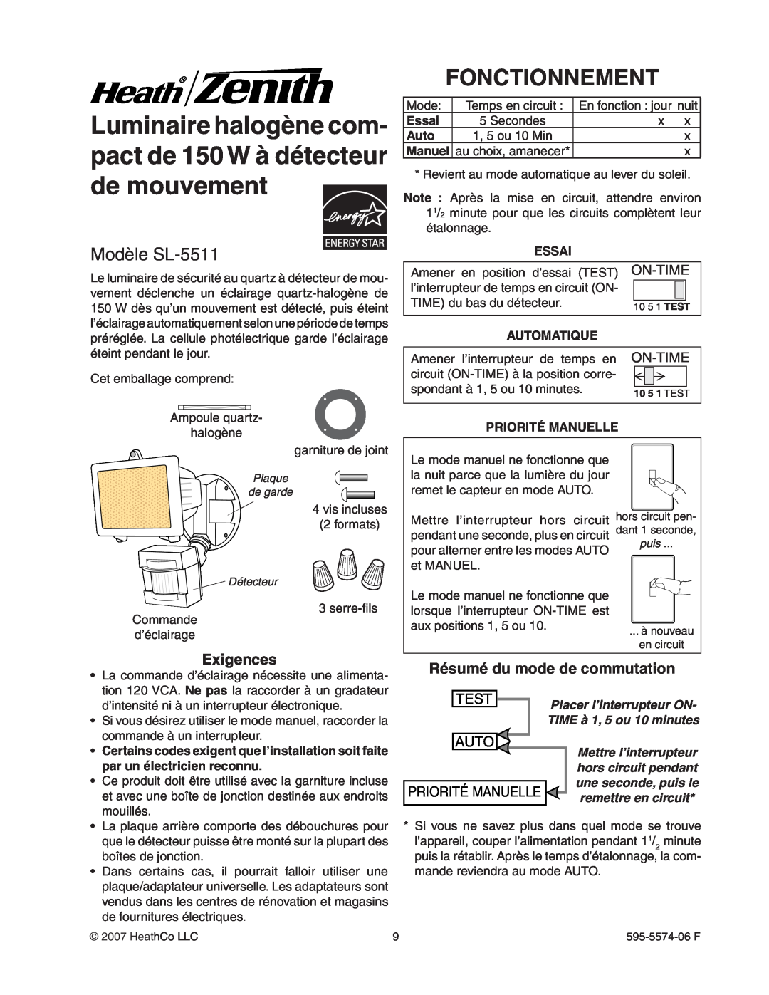 Heath Zenith manual Fonctionnement, Modèle SL-5511, On-Time, Test, Priorité Manuelle, Essai, Automatique 