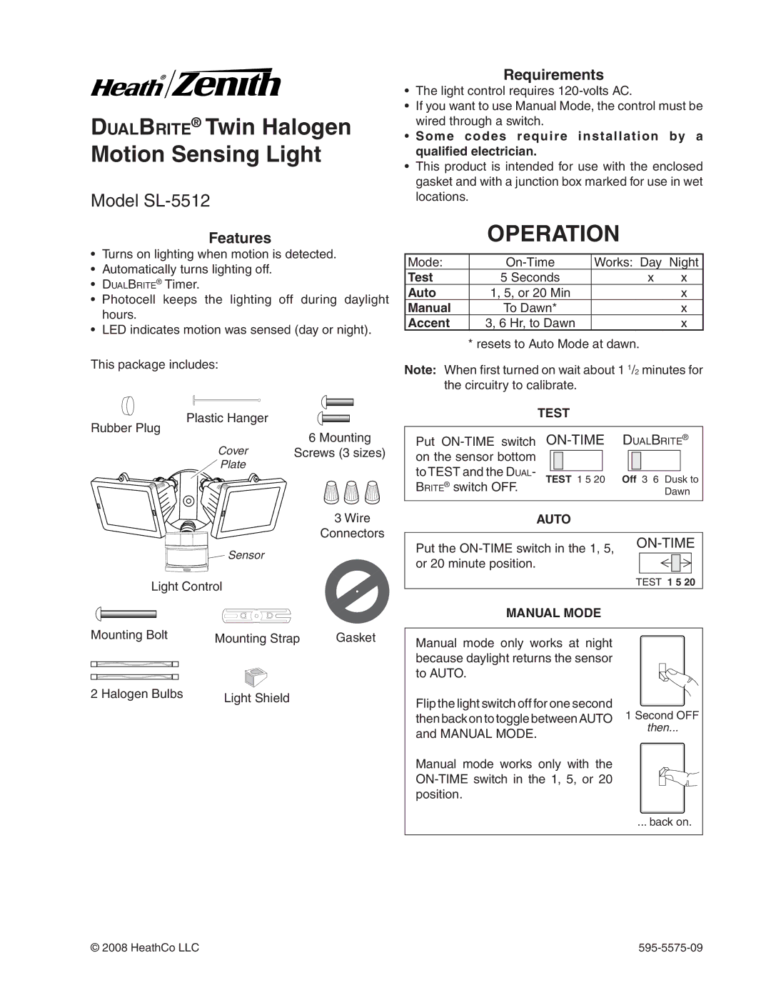 Heath Zenith SL-5512 manual Operation, Features, Requirements 