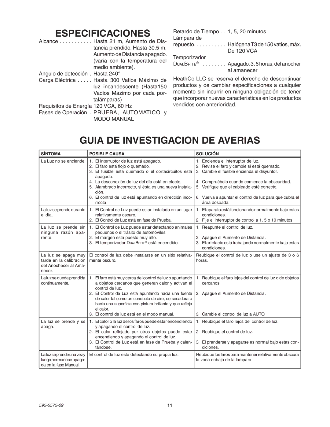 Heath Zenith SL-5512 manual Especificaciones, Guia DE Investigacion DE Averias 