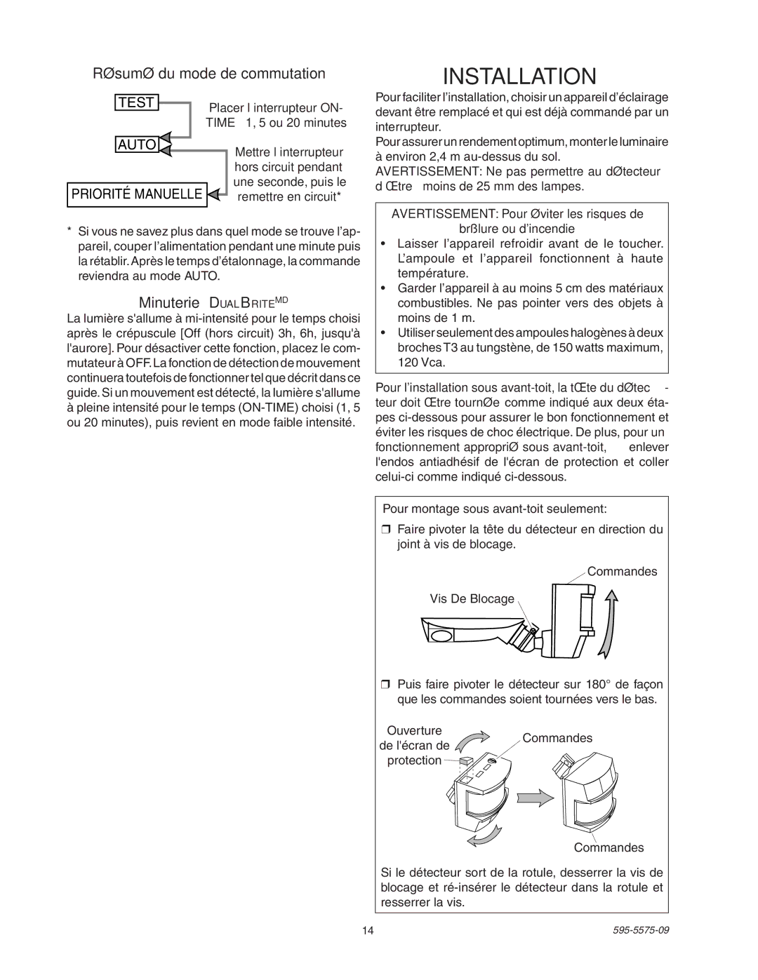 Heath Zenith SL-5512 manual Résumé du mode de commutation, Minuterie DualBriteMD 