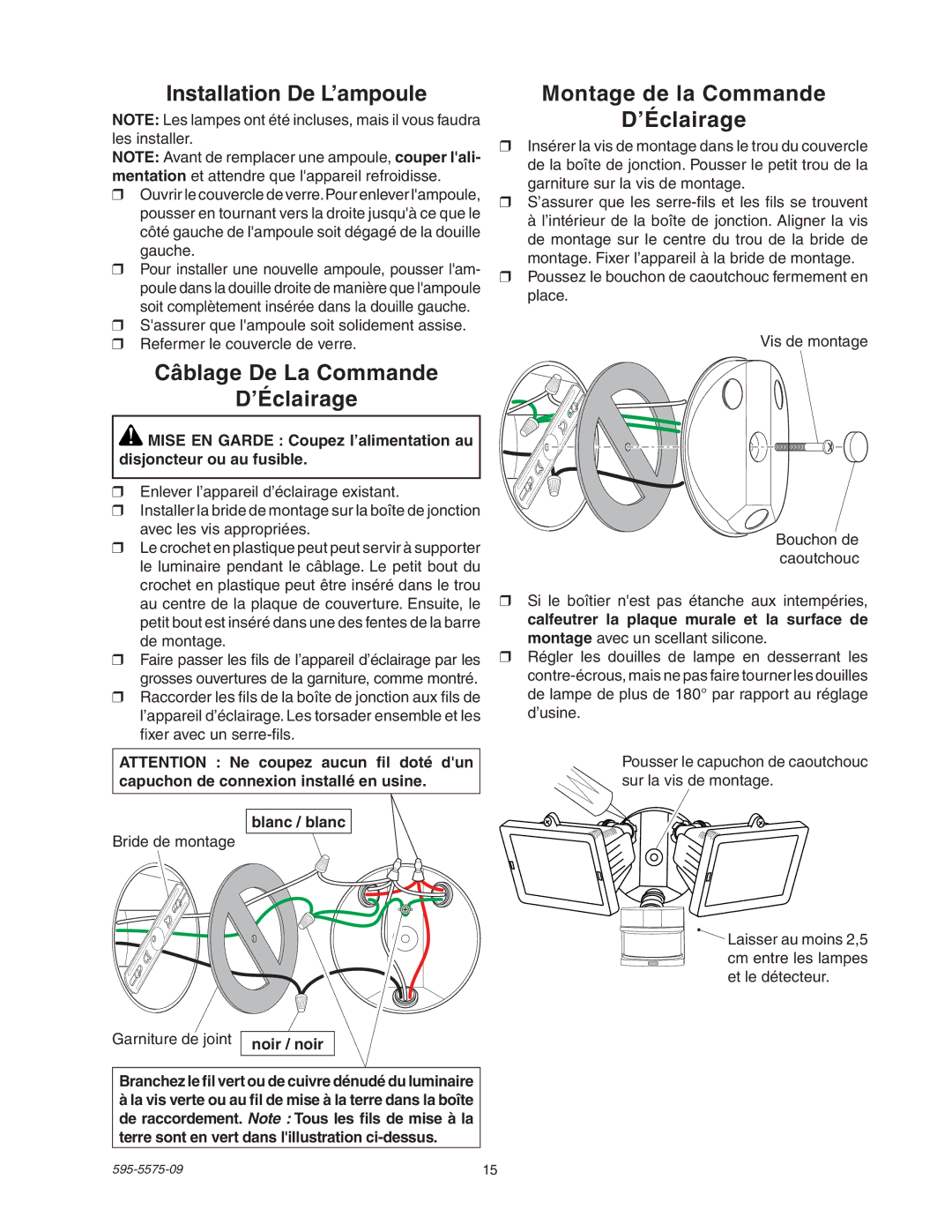 Heath Zenith SL-5512 manual Blanc / blanc, Garniture de joint 