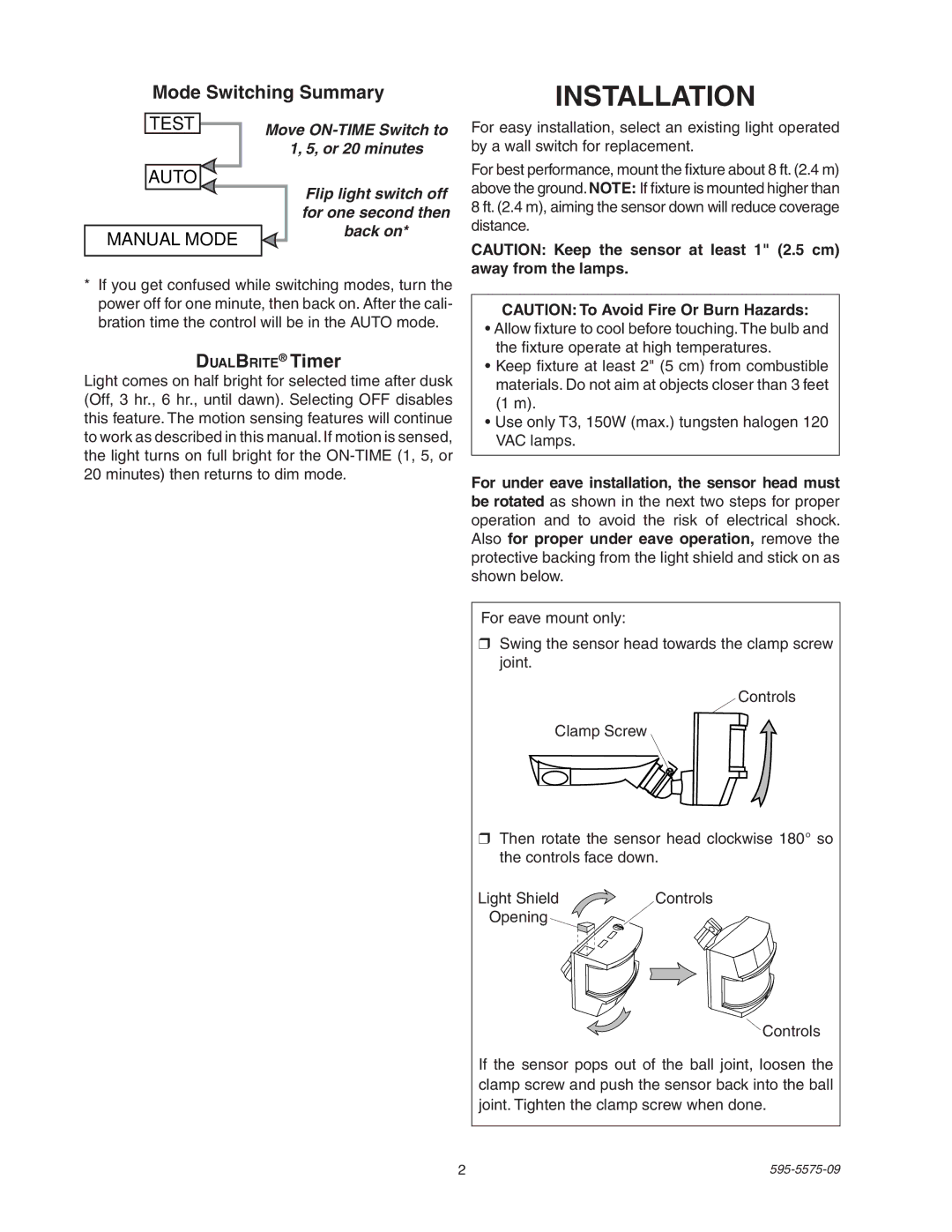 Heath Zenith SL-5512 manual Installation, Mode Switching Summary, DualBrite Timer 