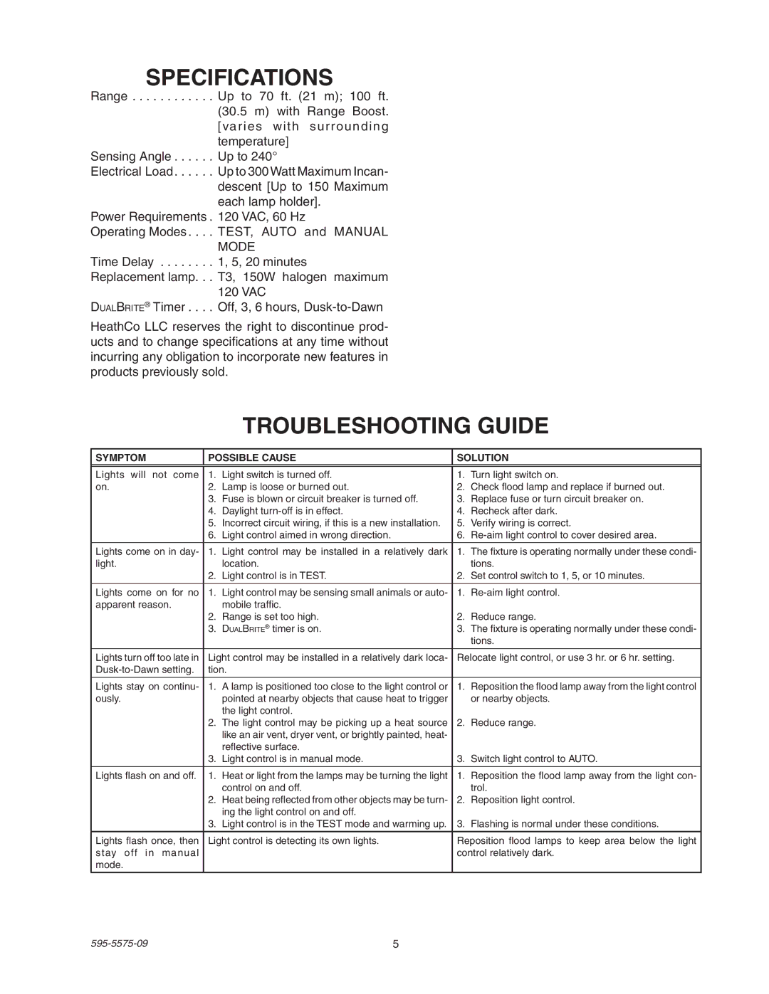 Heath Zenith SL-5512 manual Specifications, Troubleshooting Guide 