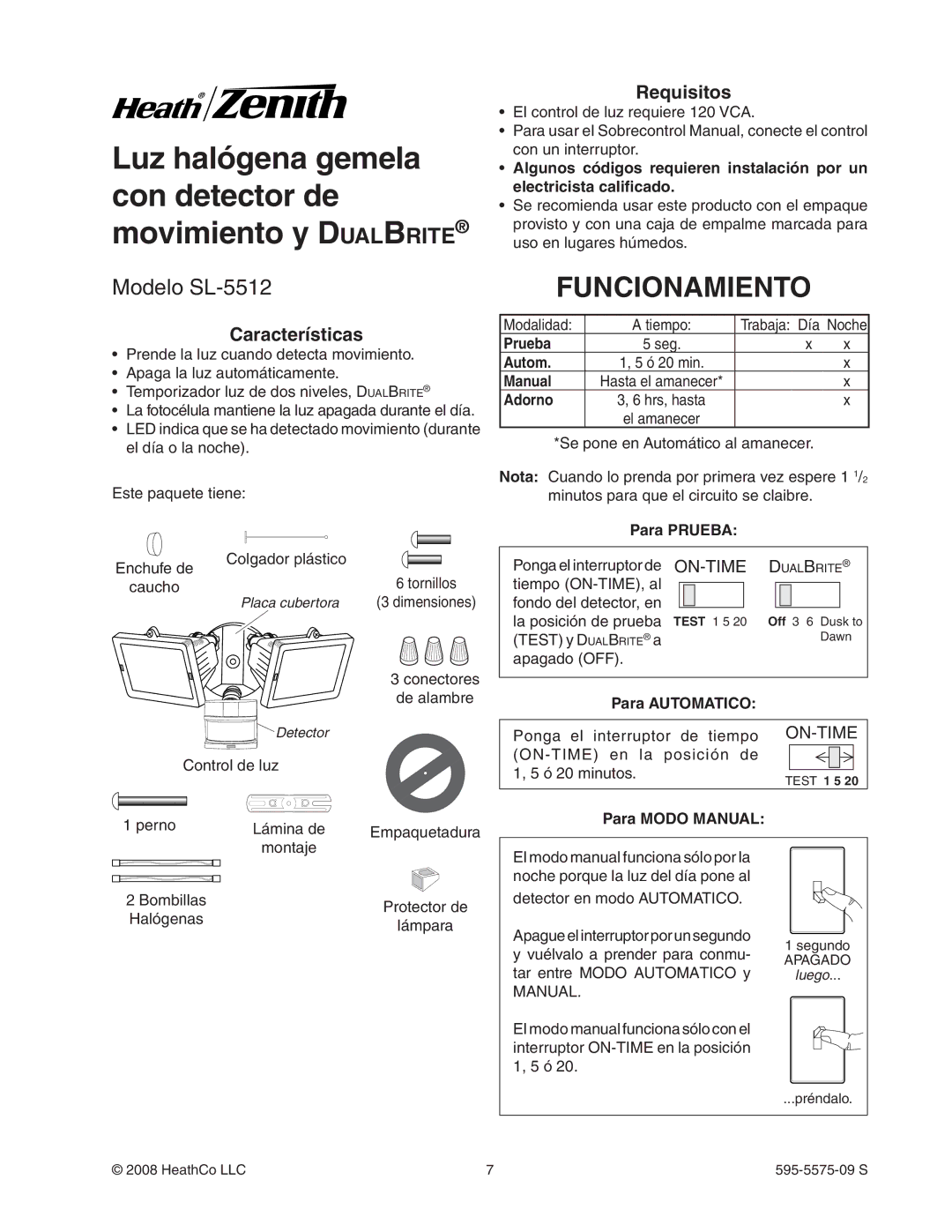 Heath Zenith SL-5512 manual Funcionamiento, Requisitos, Características 